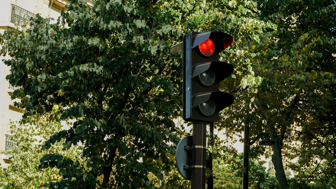 The traffic light displays a red signal.